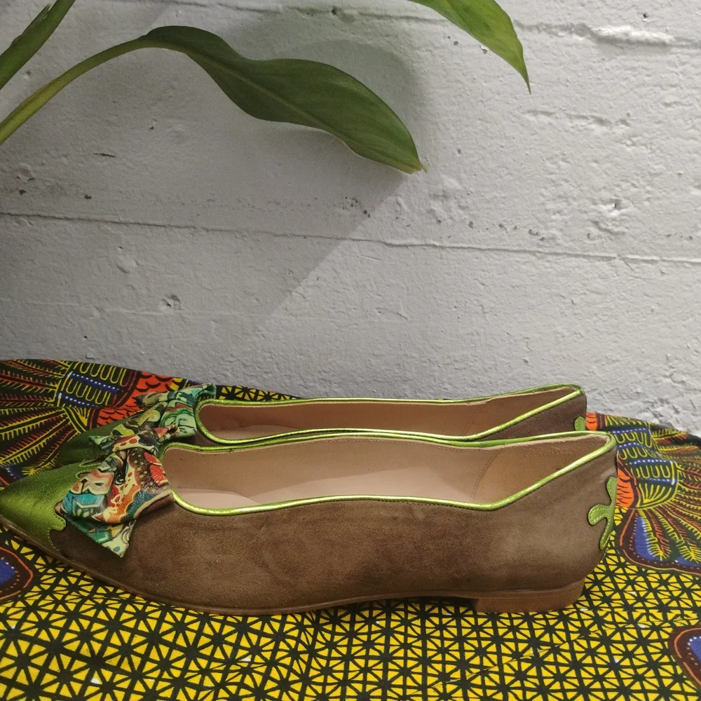 NEW Green Handmade Flats Afro Bow Women’s Shoes Size 6 - 9.5